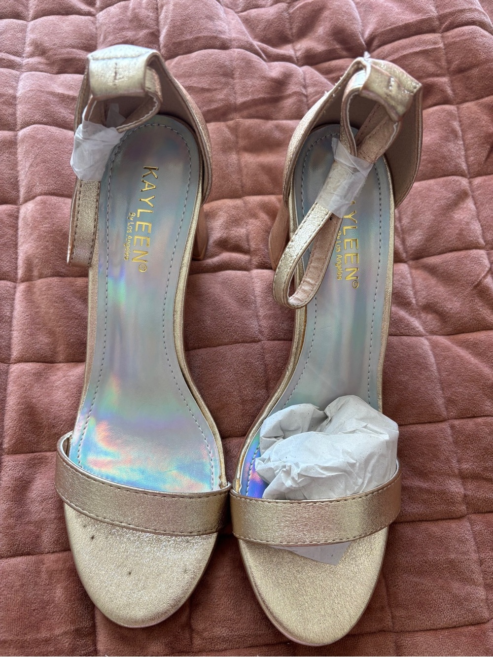 KAYLEEN By Los Angeles Metallic Gold Ankle-Strap Heels